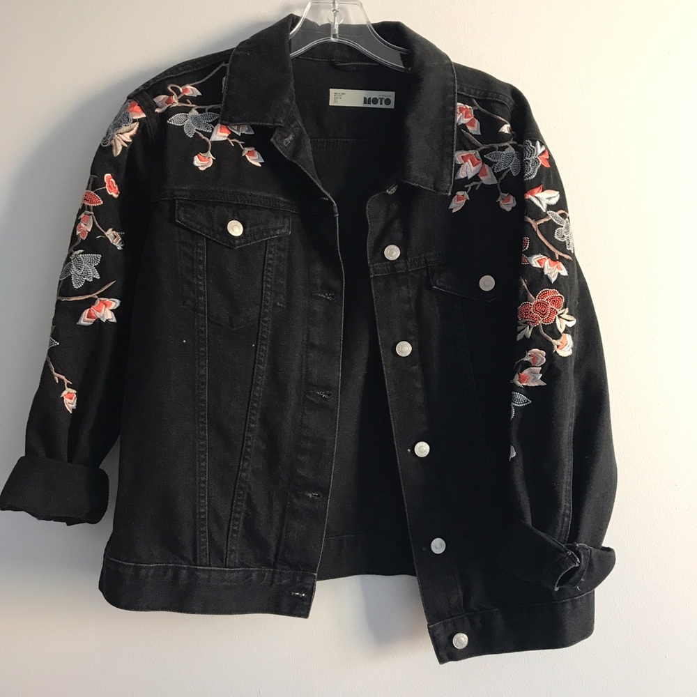 Embroidered Floral Black Denim Jacket